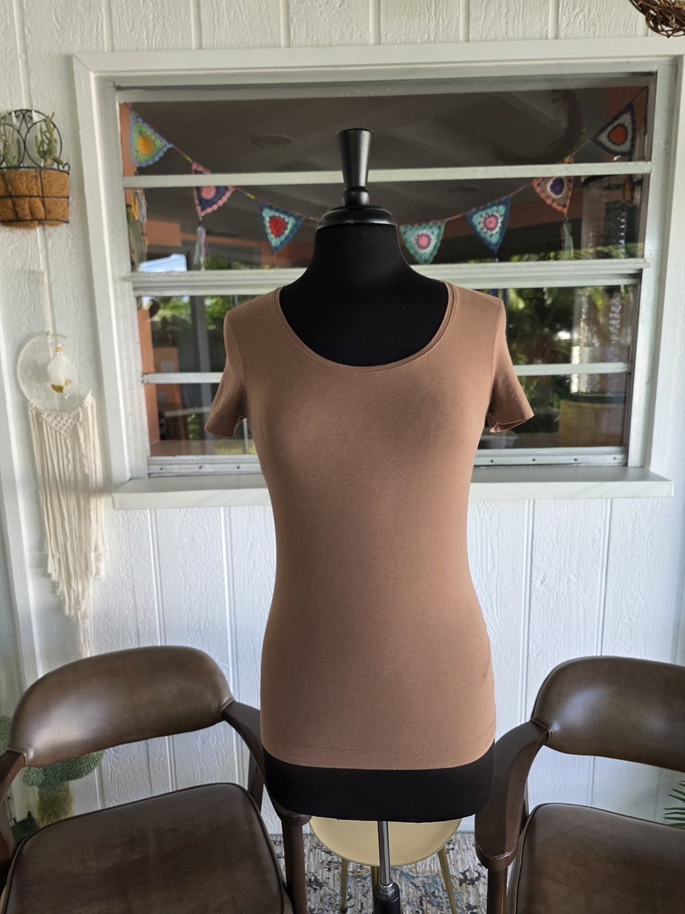 Escada Y2K Baddie Short Sleeve Scoop Neck Top Mocha Brown Strechy Tee - Picture 2 of 12